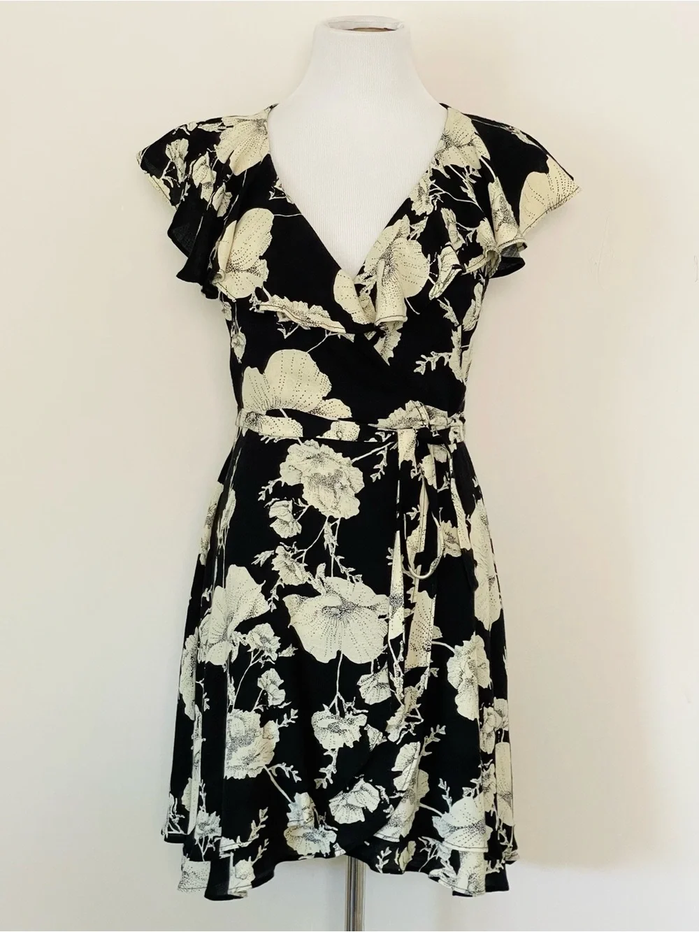 Free People French Quarter Floral Wrap Dress - Black & Cream Size Small